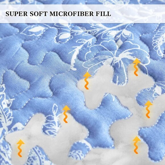 Brand New 3-Piece Botanical Blue & White Floral Quilt Set  • Queen - Picture 6 of 6